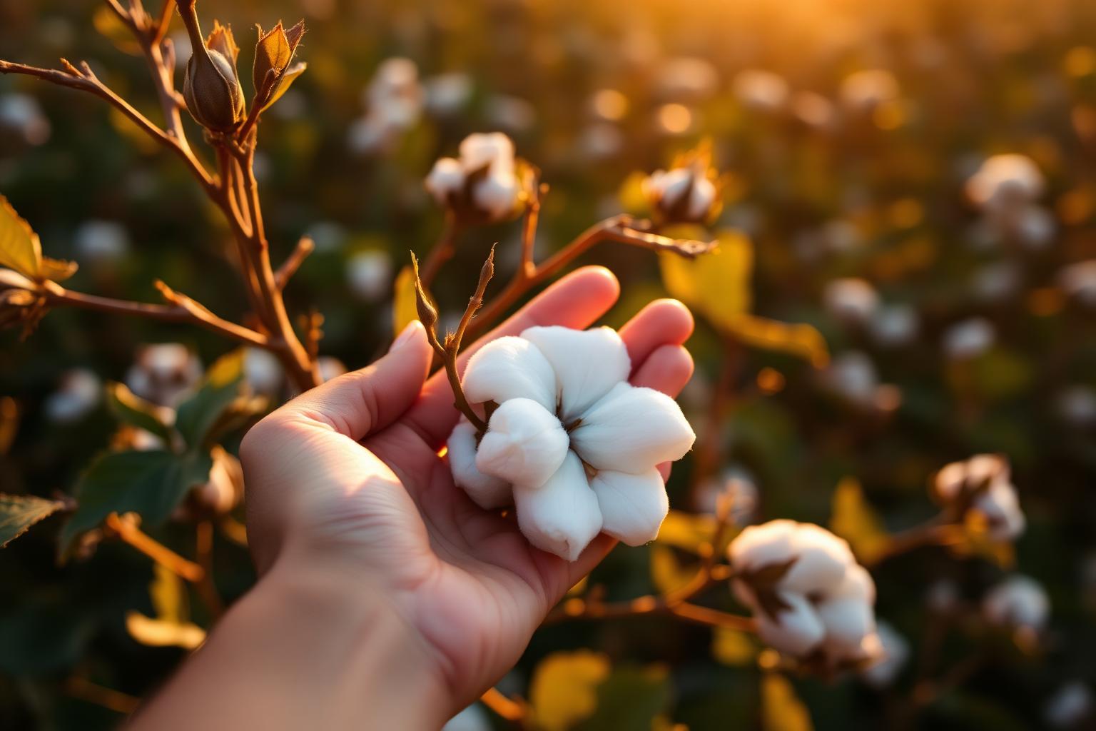 Sustainable organic cotton field at golden hour