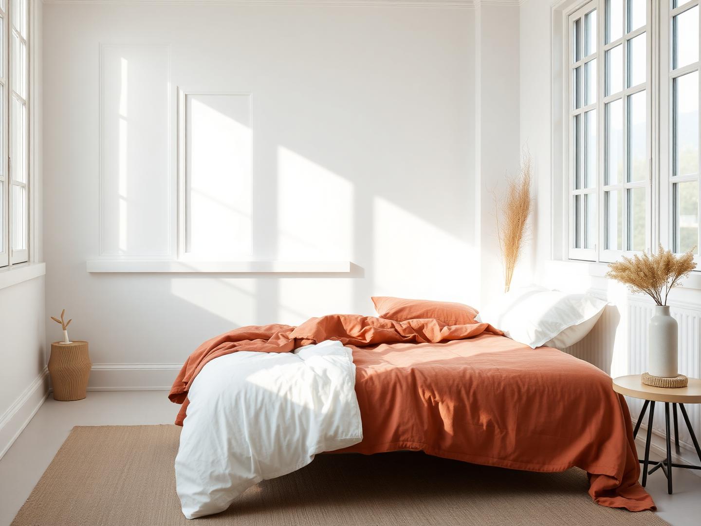 Clay tone organic cotton bedding in warm light